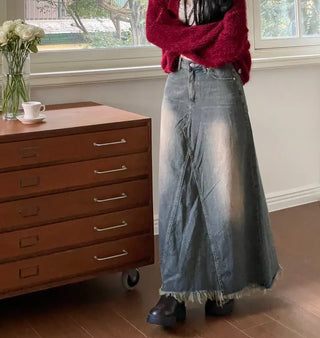 Chien Hem Fringe Maxi Long Denim Skirt