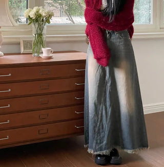 Chien Hem Fringe Maxi Long Denim Skirt