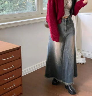 Chien Hem Fringe Maxi Long Denim Skirt
