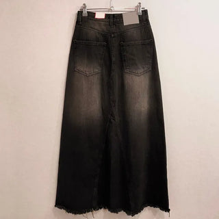 Chien Hem Fringe Maxi Long Denim Skirt
