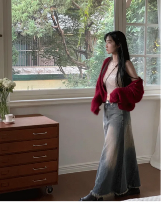 Chien Hem Fringe Maxi Long Denim Skirt