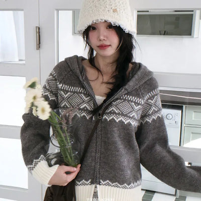 Tsumune Color Block Nordic Knit Hooded Zip-up