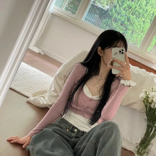 set Chuchu layered shirring crop cardigan team nasi set