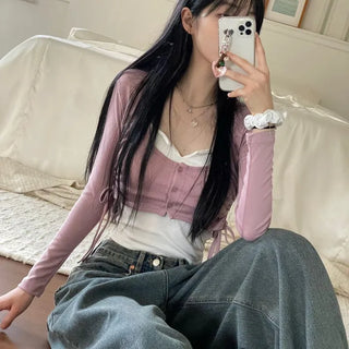 set Chuchu layered shirring crop cardigan team nasi set
