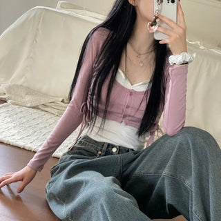 set Chuchu layered shirring crop cardigan team nasi set