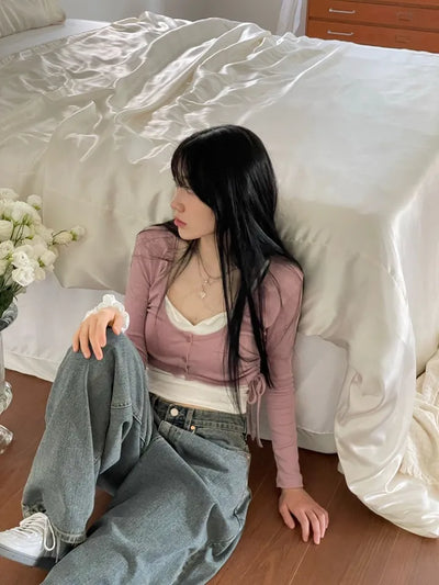 set Chuchu layered shirring crop cardigan team nasi set