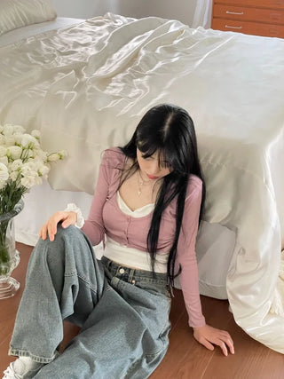 set Chuchu layered shirring crop cardigan team nasi set
