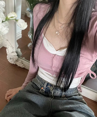 set Chuchu layered shirring crop cardigan team nasi set