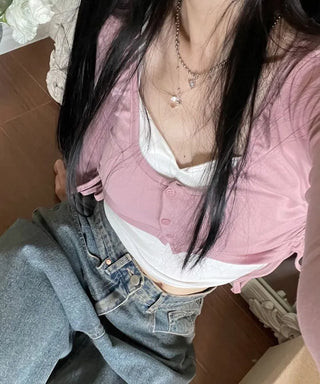 set Chuchu layered shirring crop cardigan team nasi set