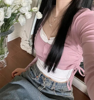 set Chuchu layered shirring crop cardigan team nasi set