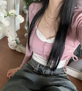 set Chuchu layered shirring crop cardigan team nasi set
