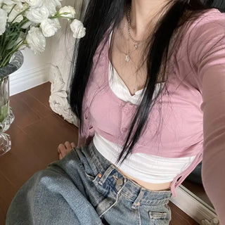 set Chuchu layered shirring crop cardigan team nasi set