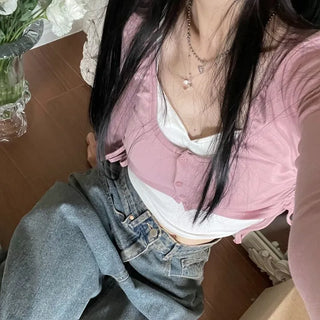 set Chuchu layered shirring crop cardigan team nasi set
