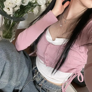 set Chuchu layered shirring crop cardigan team nasi set