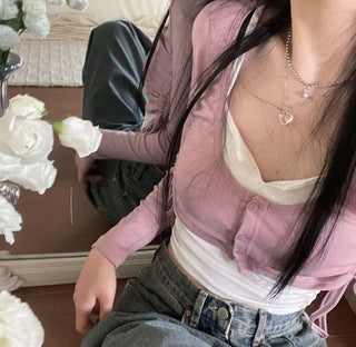 set Chuchu layered shirring crop cardigan team nasi set