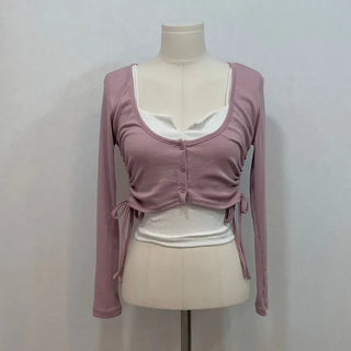 set Chuchu layered shirring crop cardigan team nasi set