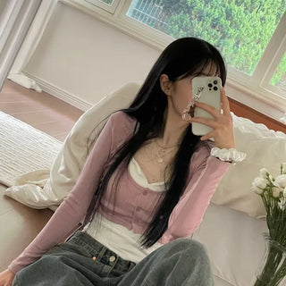 set Chuchu layered shirring crop cardigan team nasi set