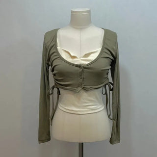 set Chuchu layered shirring crop cardigan team nasi set
