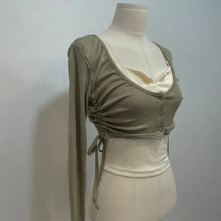set Chuchu layered shirring crop cardigan team nasi set