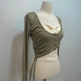 set Chuchu layered shirring crop cardigan team nasi set