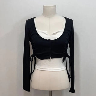 set Chuchu layered shirring crop cardigan team nasi set