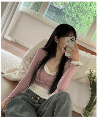 set Chuchu layered shirring crop cardigan team nasi set