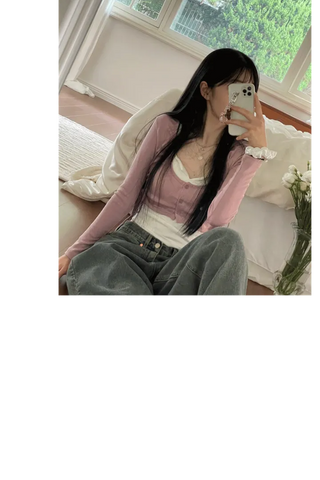 set Chuchu layered shirring crop cardigan team nasi set
