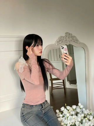 Wellin Off-Shoulder Uneven Ribbon Long-Sleeve T-Shirt in