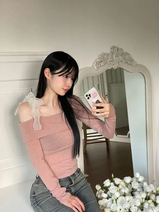 Wellin Off-Shoulder Uneven Ribbon Long-Sleeve T-Shirt in