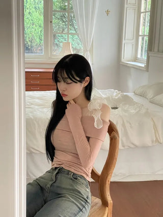 Wellin Off-Shoulder Uneven Ribbon Long-Sleeve T-Shirt in