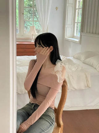 Wellin Off-Shoulder Uneven Ribbon Long-Sleeve T-Shirt in
