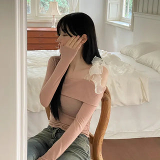 Wellin Off-Shoulder Uneven Ribbon Long-Sleeve T-Shirt in