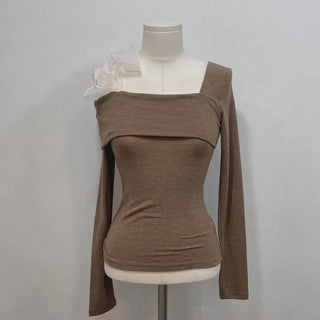 Wellin Off-Shoulder Uneven Ribbon Long-Sleeve T-Shirt in