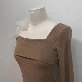 Wellin Off-Shoulder Uneven Ribbon Long-Sleeve T-Shirt in