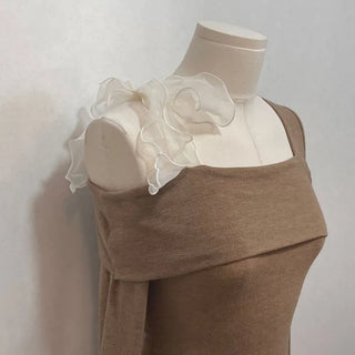 Wellin Off-Shoulder Uneven Ribbon Long-Sleeve T-Shirt in