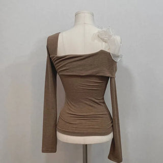 Wellin Off-Shoulder Uneven Ribbon Long-Sleeve T-Shirt in