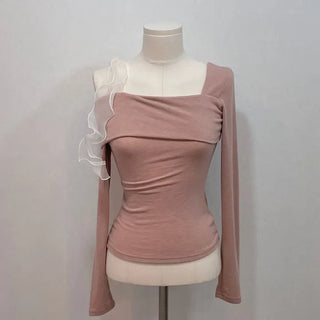 Wellin Off-Shoulder Uneven Ribbon Long-Sleeve T-Shirt in