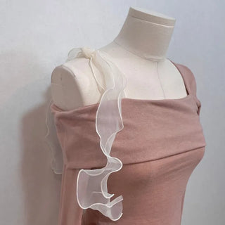 Wellin Off-Shoulder Uneven Ribbon Long-Sleeve T-Shirt in