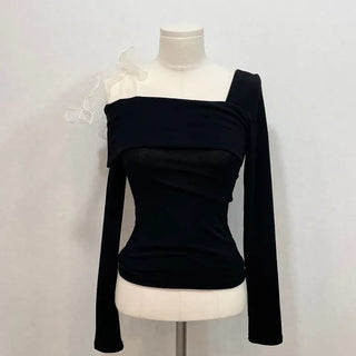Wellin Off-Shoulder Uneven Ribbon Long-Sleeve T-Shirt in