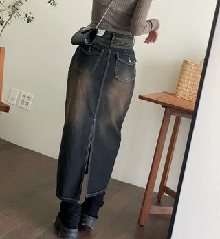 Sio back button pocket team denim long skirt 2 size