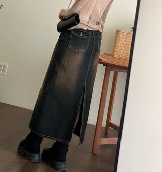 Sio back button pocket team denim long skirt 2 size