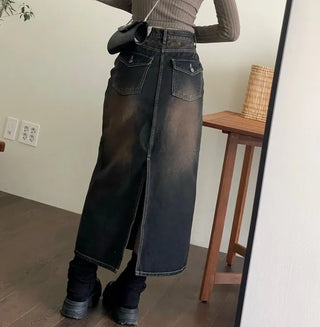 Sio back button pocket team denim long skirt 2 size