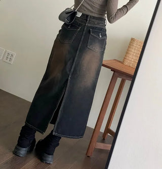 Sio back button pocket team denim long skirt 2 size