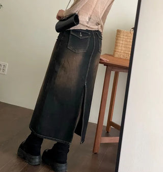 Sio back button pocket team denim long skirt 2 size