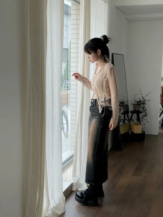 Sio back button pocket team denim long skirt 2 size