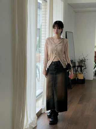 Sio back button pocket team denim long skirt 2 size