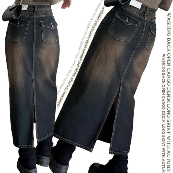 Sio back button pocket team denim long skirt 2 size