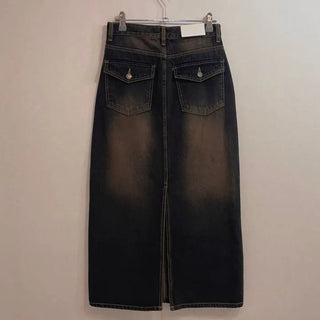 Sio back button pocket team denim long skirt 2 size