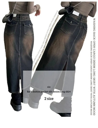 Sio back button pocket team denim long skirt 2 size