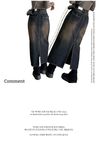 Sio back button pocket team denim long skirt 2 size
